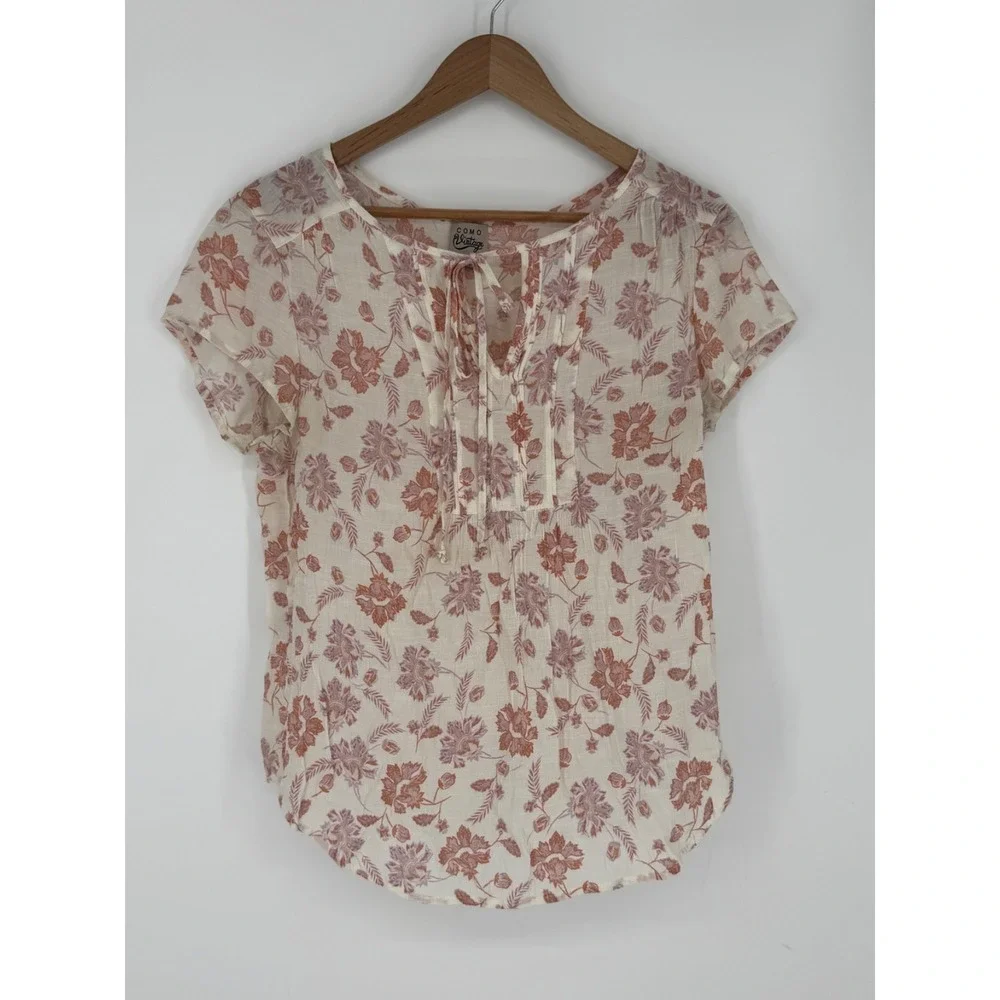 Como Vintage Pink & White Peasant Style Short Sleeve Tie Blouse Women's Sz Lg K6